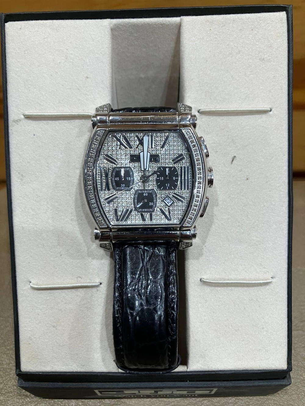 Men's Silver Case Watch with Black Leather Strap